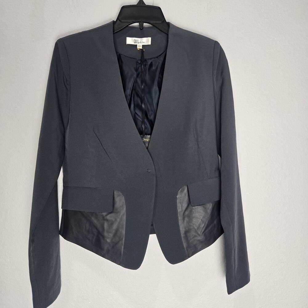 My Tribe XS Grey Blazer Mixed Media Faux Leather Panel Collarless